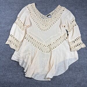 LA CLASS Blouse Women L Cream Crochet Trim V-Neck Boho Peplum Style 7313